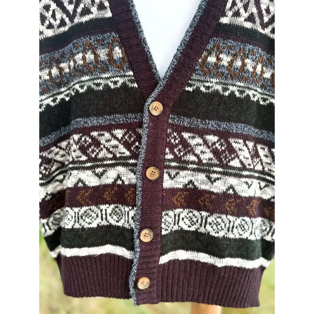 Vintage Michael Gerald Cardigan Sweater L Geometric Fair Isle Grandpa Knit 90s